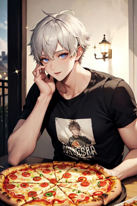 2502376-2411007087-masterpiece, best quality, absurdres, 1boy, solo, CharlesHenriSanson, t-shirt, table, upper body, pizza, happy, sparkle, lamp, o.png